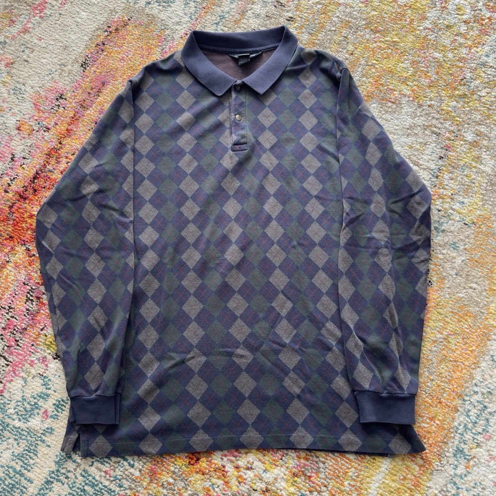 Vintage Lands' End Argyle Long Sleeve Polo Shirt Men's XL Made in USA Goblincore